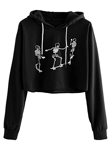 Remidoo Women's Casual Skull Print Long Sleeve Crop Top Hoodie Sweatshirt SK-Black Medium