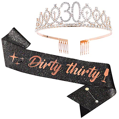 LATFZ Talk thirty to me Birthday Tiara and Sash- Happy 30th Birthday Party Supplies - 30th Satin Sash Crystal Tiara Birthday Crown (Dirty Thirty,Black)