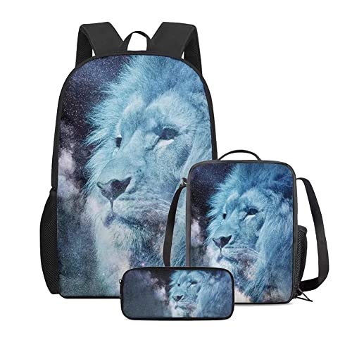 Cumagical Kids Backpack Lion Print Lightweight Daypack Set 3 Pieces with Lunch Bag Pencil Case for Kids Girls Boys