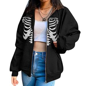 nufiwi women graphic printed oversized y2k sweatshirt zip up long sleeve hoodies aesthetic jacket streetwear with pockets (skeleton 1, l)