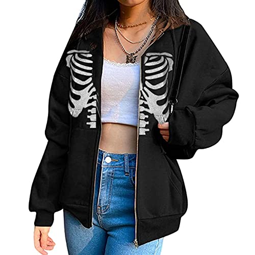 NUFIWI Women Graphic Printed Oversized Y2K Sweatshirt Zip Up Long Sleeve Hoodies Aesthetic Jacket Streetwear with Pockets (Skeleton 1, L)