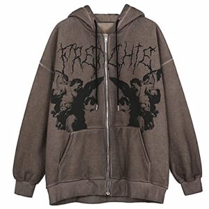 print zip up hoodie women men vintage graphic aesthetic sweatshirt y2k couple jacket harajuku goth streetwear (coffee angel , large )
