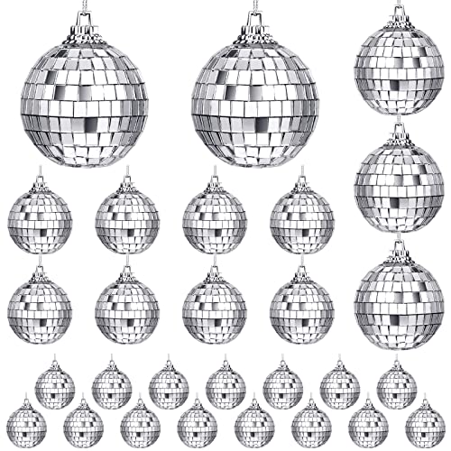 Sumind 28 Pieces Mirror Disco Ball 70s Reflective Mirror Ball Decorations 60s Balls with Fastening Strap for Home Stage Props Festivals Party Accessories