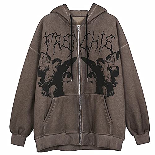 Print Zip Up Hoodie Women Men Vintage Graphic Aesthetic Sweatshirt Y2k Couple Jacket Harajuku Goth Streetwear (Coffee Angel , X-Large )