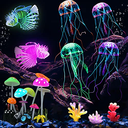 yahukeny 10 Pieces Artificial Glowing Fish Tank Decorations Silicone Resin Fluorescent Floating Jellyfish Simulation Coral Mushroom Fake Lion Fish Landscape Accessories for Aquarium Household Office