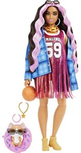 barbie extra doll and accessories with pink-streaked crimped hair in jersey dress with pet corgi