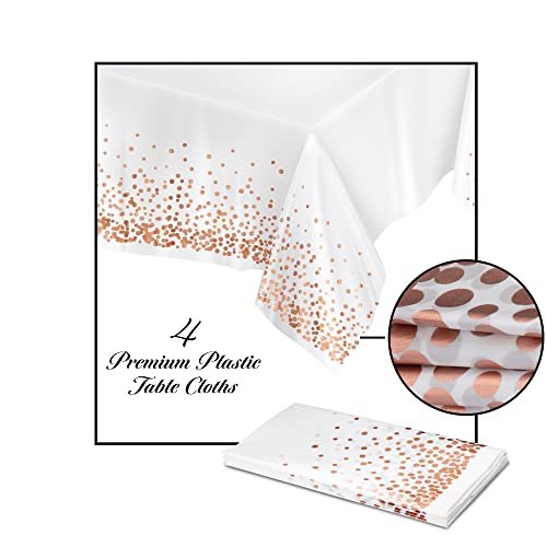 Prestee Rose/Gold Tablecloths, 4pk, 54"x108" | Gold Dot Disposable Tablecloths | Plastic Tablecloth | Rose Tablecloths | Plastic Table Cover | Paper Tablecloths for BBQ, Party, Fine Dining, Wedding
