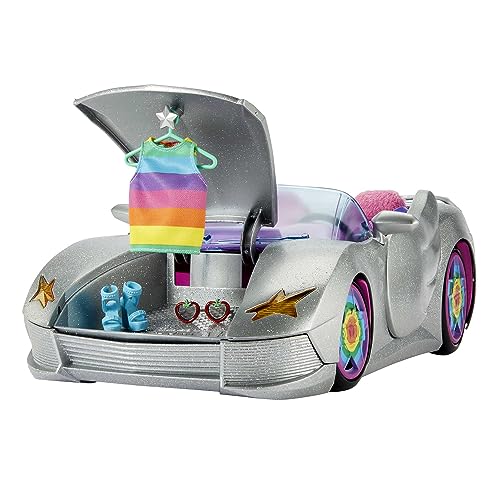 Barbie Extra Toy Car with Fashion Accessories & Puppy, Sparkly Silver 2-Seater Convertible with Hood Storage & Pet Pool