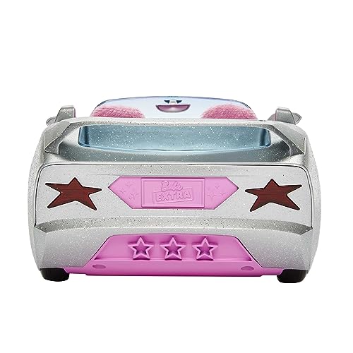 Barbie Extra Toy Car with Fashion Accessories & Puppy, Sparkly Silver 2-Seater Convertible with Hood Storage & Pet Pool