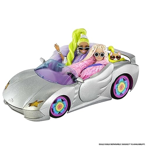 Barbie Extra Toy Car with Fashion Accessories & Puppy, Sparkly Silver 2-Seater Convertible with Hood Storage & Pet Pool