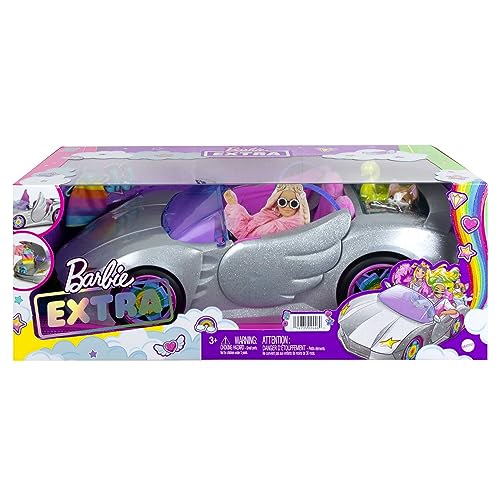 Barbie Extra Toy Car with Fashion Accessories & Puppy, Sparkly Silver 2-Seater Convertible with Hood Storage & Pet Pool