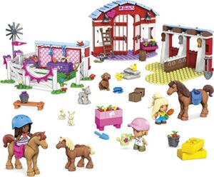 mega barbie pets horse toy building set with 3 micro-dolls and accessories, 9 pets, easy-to-build horse stables playset,