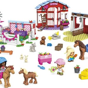 Mega Barbie Pets Horse Toy Building Set with 3 Micro-Dolls and Accessories, 9 Pets, Easy-to-Build Horse Stables Playset,