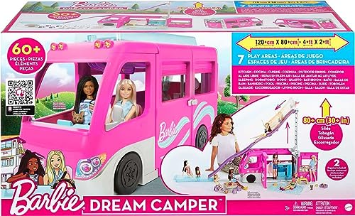 Barbie Camper Playset, Dreamcamper Toy Vehicle with 60 Accessories Including Furniture, Pool and 30-Inch Slide