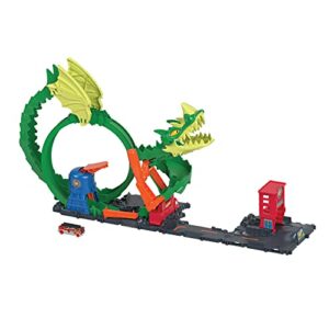 hot wheels track set with 1:64 scale toy firetruck, city fire station with dragon nemesis and track play, dragon drive firefight