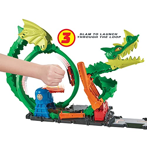 HOT WHEELS Track Set with 1:64 Scale Toy Firetruck, City Fire Station with Dragon Nemesis and Track Play, Dragon Drive Firefight