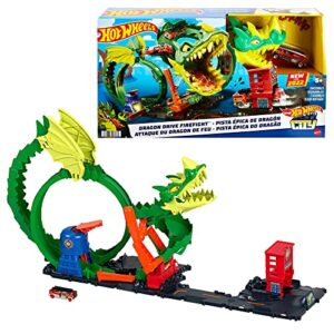 HOT WHEELS Track Set with 1:64 Scale Toy Firetruck, City Fire Station with Dragon Nemesis and Track Play, Dragon Drive Firefight