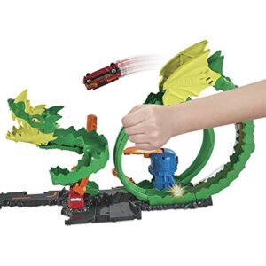 HOT WHEELS Track Set with 1:64 Scale Toy Firetruck, City Fire Station with Dragon Nemesis and Track Play, Dragon Drive Firefight