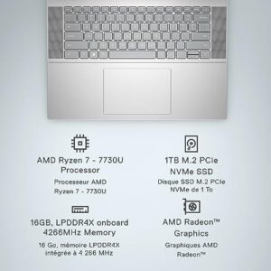 Dell Inspiron 16 5635 Laptop - AMD Ryzen 7-7730U, QHD 16 inch, 16GB LPDDR4x RAM, 1TB SSD, AMD Radeon Graphics, Windows 11 Home, 1 Year Premium Support - Platinum Silver