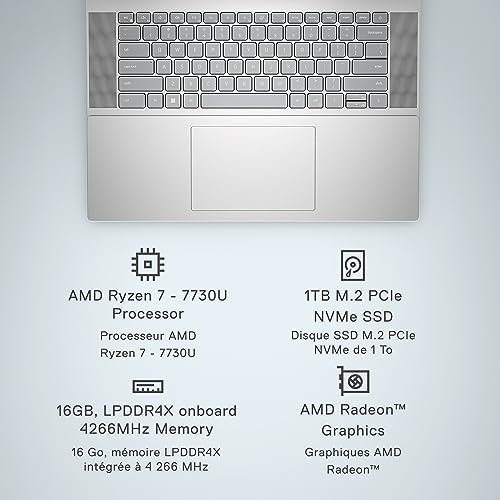 Dell Inspiron 16 5635 Laptop - AMD Ryzen 7-7730U, QHD 16 inch, 16GB LPDDR4x RAM, 1TB SSD, AMD Radeon Graphics, Windows 11 Home, 1 Year Premium Support - Platinum Silver