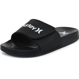 hurley comfort kids adjustable slide sandals - slip on slides for boys and girls, black/white, 2 big kid