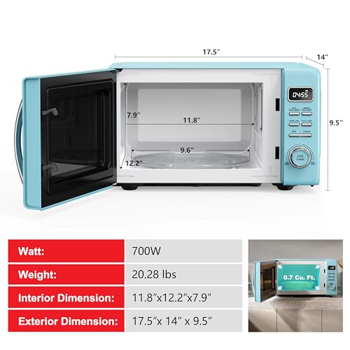 Galanz GLCMKZ07BER07 Retro Countertop Microwave Oven with Auto Cook & Reheat, Defrost, Quick Start Functions, Easy Clean with Glass Turntable, Pull Handle.7 cu ft, Blue