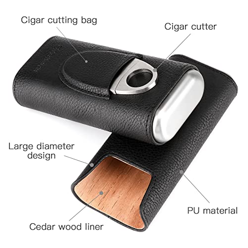 COOL KNIGHT Leather Cigar Case - Cedar Wood Lining Travel Humidors for Cigars - Cigar Accessories Include Stainless Steel Cigar Cutter - Cigar Gift Box for Cigar Lovers (Black)