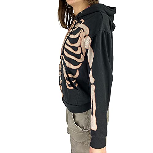 Sunwittafy Women's Oversized Zip Up Hoodies Y2k Long Sleeve Skeleton Print Hooded Sweatshirt Egirl Harajuku Jackets Coat