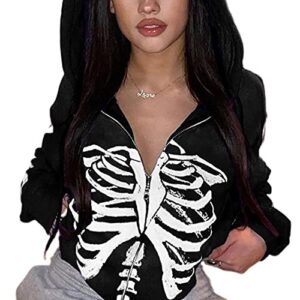 sunloudy women skeleton print oversized hoodie y2k zip up sweatshirt gothic e-girl harajuku jackets coat streetwear (7-black, m)