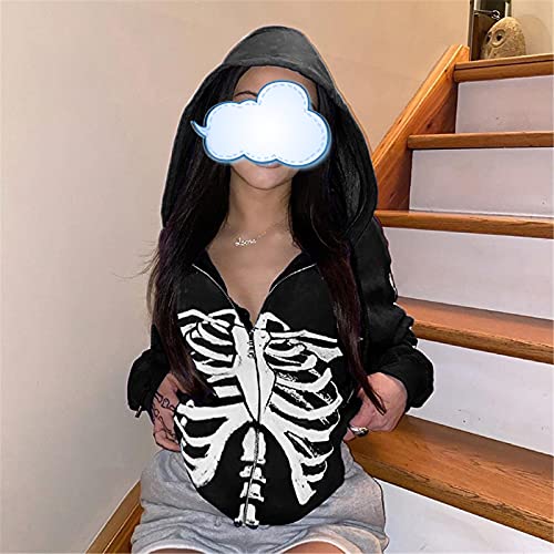 Sunloudy Women Skeleton Print Oversized Hoodie Y2K Zip Up Sweatshirt Gothic E-girl Harajuku Jackets Coat Streetwear (7-Black, M)