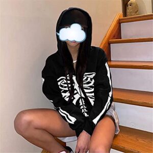 Sunloudy Women Skeleton Print Oversized Hoodie Y2K Zip Up Sweatshirt Gothic E-girl Harajuku Jackets Coat Streetwear (7-Black, M)