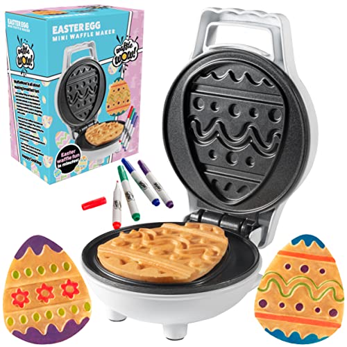 Mini Easter Egg Waffle Maker- Make Holiday Special w Cute Waffler Iron- Ready to Decorate Set Includes 4 Edible Food Markers w Recipe Guide - Fun Easter Basket Stuffer, Egg Hunt Surprise Gift for Kids