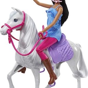 Barbie Doll and Horse, Bendable Brunette Doll with Riding Outfit and Boots, White Horse with Saddle, Bridle and Reins