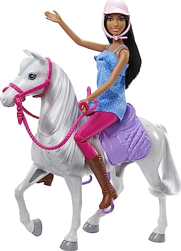 Barbie Doll and Horse, Bendable Brunette Doll with Riding Outfit and Boots, White Horse with Saddle, Bridle and Reins