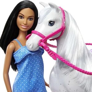 Barbie Doll and Horse, Bendable Brunette Doll with Riding Outfit and Boots, White Horse with Saddle, Bridle and Reins