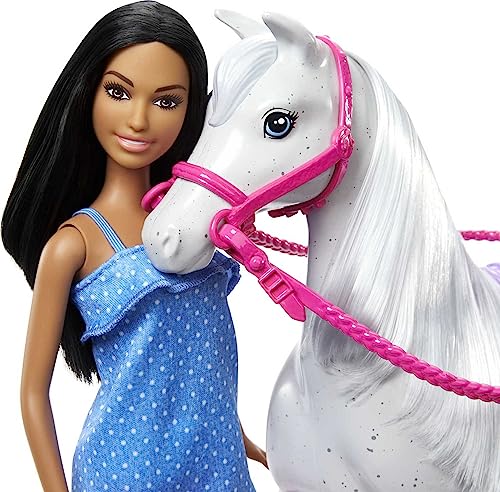 Barbie Doll and Horse, Bendable Brunette Doll with Riding Outfit and Boots, White Horse with Saddle, Bridle and Reins