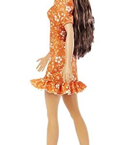 Barbie Fashionistas Doll, Long Wavy Brunette Hair, Headband, Orange Floral Print Dress with Ruffle Details & Heels, Toy for Kids 3 to 8 Years Old