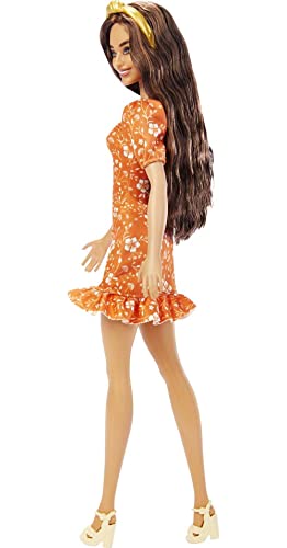 Barbie Fashionistas Doll, Long Wavy Brunette Hair, Headband, Orange Floral Print Dress with Ruffle Details & Heels, Toy for Kids 3 to 8 Years Old