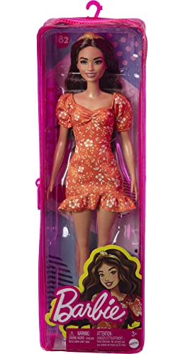 Barbie Fashionistas Doll, Long Wavy Brunette Hair, Headband, Orange Floral Print Dress with Ruffle Details & Heels, Toy for Kids 3 to 8 Years Old