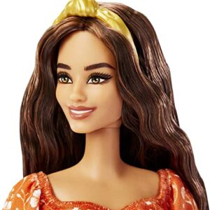 Barbie Fashionistas Doll, Long Wavy Brunette Hair, Headband, Orange Floral Print Dress with Ruffle Details & Heels, Toy for Kids 3 to 8 Years Old