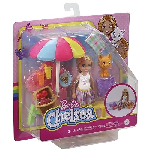 Barbie Chelsea Picnic Playset with Chelsea Doll (6-in Blonde), Pet Kitten, Picnic Table, Umbrella, Basket & Accessories, Gift for 3 to 7 Year Olds