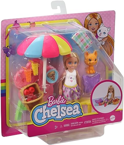 Barbie Chelsea Picnic Playset with Chelsea Doll (6-in Blonde), Pet Kitten, Picnic Table, Umbrella, Basket & Accessories, Gift for 3 to 7 Year Olds