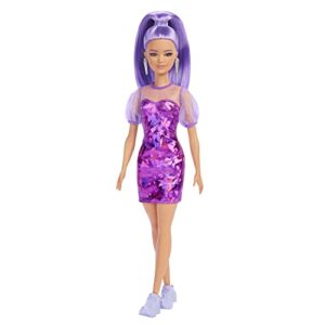 barbie fashionistas doll, petite, long purple hair & purple metallic dress, sheer bodice & sleeves, purple sneakers, toy for kids 3 to 8 years old