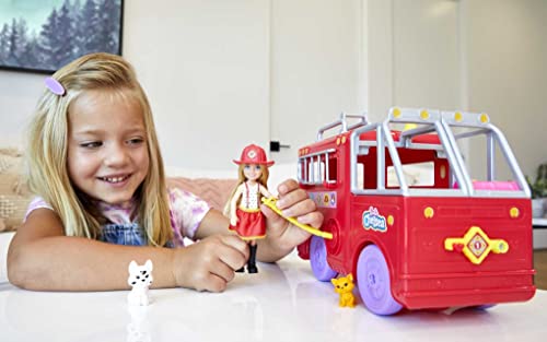 Barbie Chelsea Can Be Doll & Toy Fire Truck Playset with Blonde Small Doll, 2 Pets & 15+ Accessories, Open for Fire Station