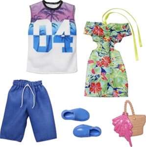barbie ken fashions 2-pack clothing set, 1 outfit & accessory for barbie doll: tropical dress & tote; 1 outfit & accessory for ken doll: jersey & board shorts, gift for kids 3 to 8 years old