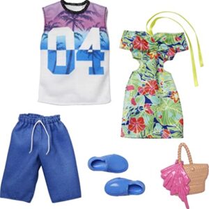 Barbie Ken Fashions 2-Pack Clothing Set, 1 Outfit & Accessory for Barbie Doll: Tropical Dress & Tote; 1 Outfit & Accessory for Ken Doll: Jersey & Board Shorts, Gift for Kids 3 to 8 Years Old