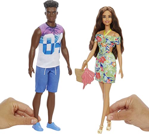 Barbie Ken Fashions 2-Pack Clothing Set, 1 Outfit & Accessory for Barbie Doll: Tropical Dress & Tote; 1 Outfit & Accessory for Ken Doll: Jersey & Board Shorts, Gift for Kids 3 to 8 Years Old