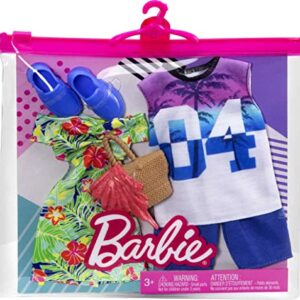 Barbie Ken Fashions 2-Pack Clothing Set, 1 Outfit & Accessory for Barbie Doll: Tropical Dress & Tote; 1 Outfit & Accessory for Ken Doll: Jersey & Board Shorts, Gift for Kids 3 to 8 Years Old