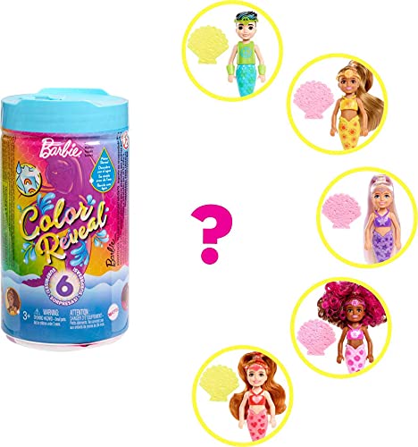 Barbie Color Reveal Rainbow Mermaid Series Chelsea Doll with 6 Surprises, Color Change and Accessories