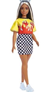 barbie fashionistas doll, curvy, long highlighted hair & flame crop top, checkered skirt, sneakers & sunglasses, toy for kids 3 to 8 years old